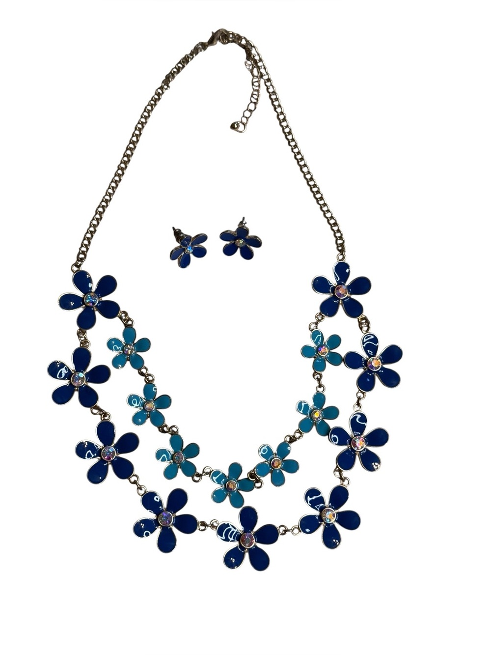 Vibrant Blue Enamel Flower 2 Tier Statement Necklace and Matching Stud Earrings